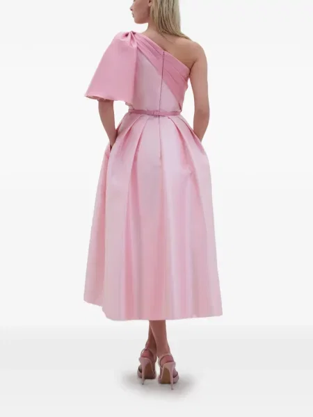 Asymetrické plisované midi šaty Rami Al Ali po kolena růžové