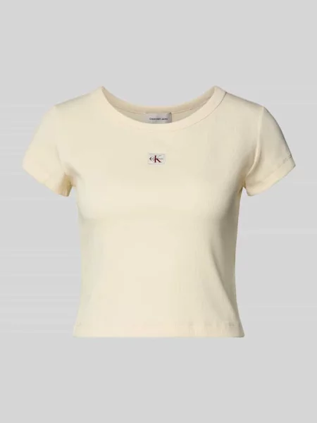 T-shirt krótki z prążkowaniem i naszywką z logo Calvin Klein Jeans biała