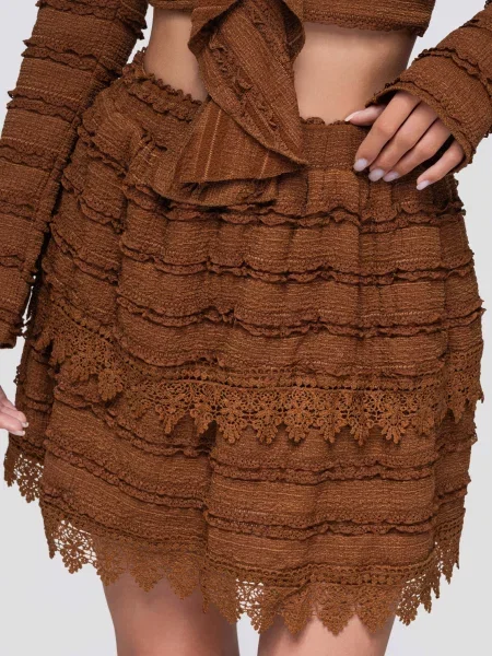 Fusta mini Ombre cu volane din dantelă maro