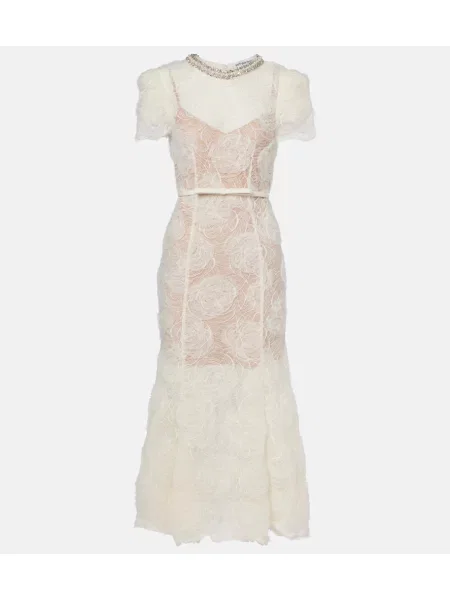 Prozirna midi haljina Self-portrait s čipkom iznad koljena bijela