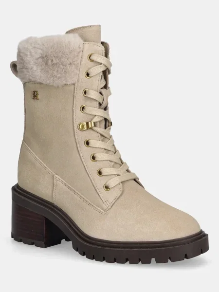 Tommy Hilfiger cizme din piele întoarsă TH SHEARLING LACE UP BOOT bej