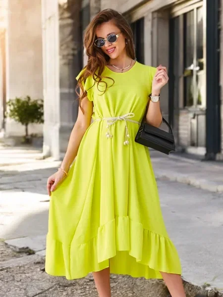 Midi obleka Resti z volani s kratkimi rokavi nad koleni zelena