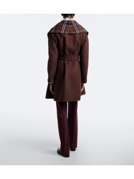 Vlnený kockovaný opasaný kabát Burberry hnedá