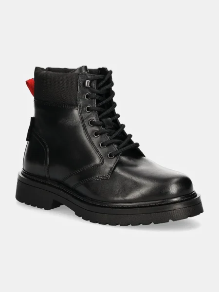 Botki Tommy Jeans sznurowane skórzane z logo czarne