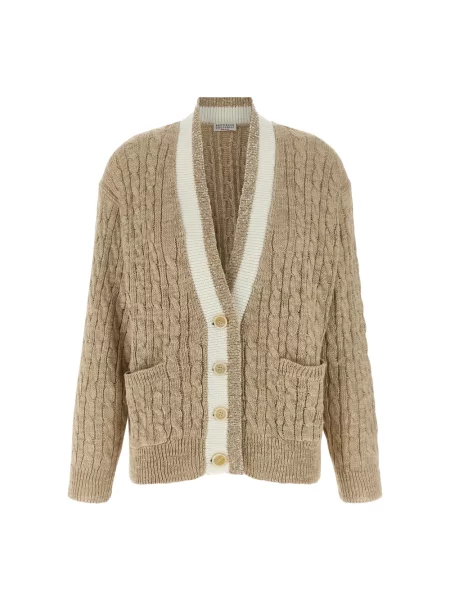 Kardigan Brunello Cucinelli z cekinami z dekoltem w serek beżowy