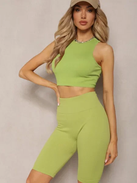 Jasnozielone Prążkowane Szorty Kolarki High Waist Olevitta zielone