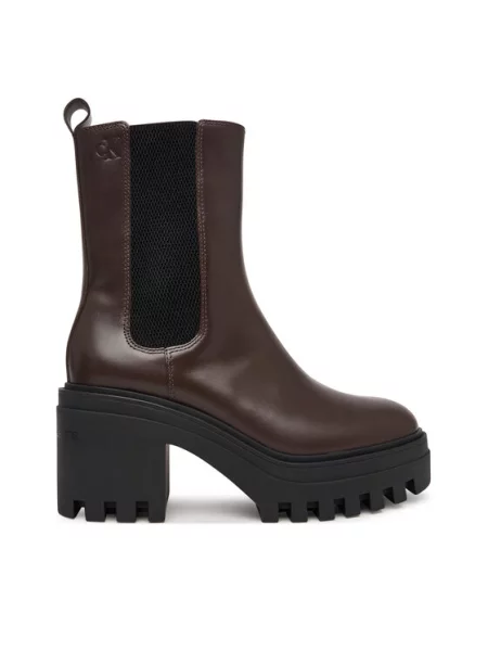 Calvin Klein Botki Chunky Heeled Chelsea Lth ciemny brązowy