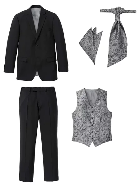 Garnitur ślubny z kamizelką i plastronem 5 części regular fit czarny