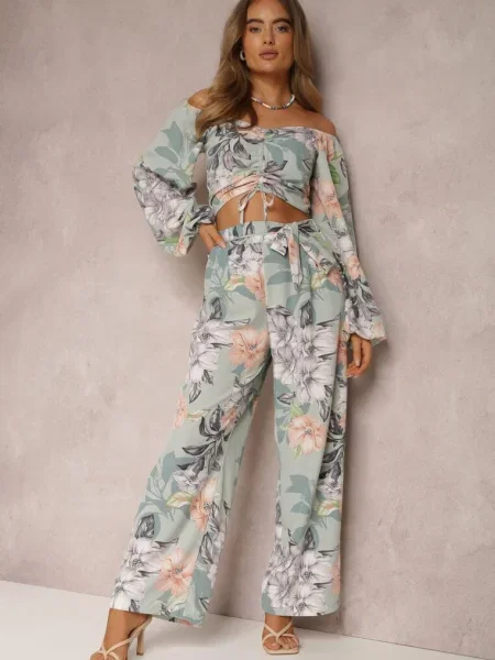 Mentă Set de 2 Piese Bluză cu Mânecă Lungă Pantaloni Largi cu în Talie cu Flori Calaq verde