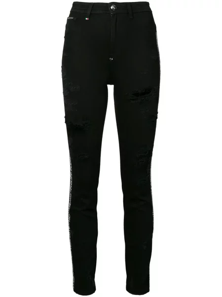 Skinny jeansy skinny Philipp Plein z przetarciami czarne