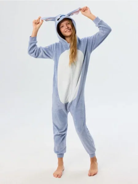 Sinsay Plyšový overal onesie s kapucí a 3D oušky Stitch modrá