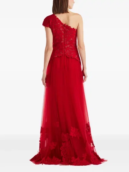Gėlėtas kostiumas maxi suknele Tadashi Shoji vieno peties raudona