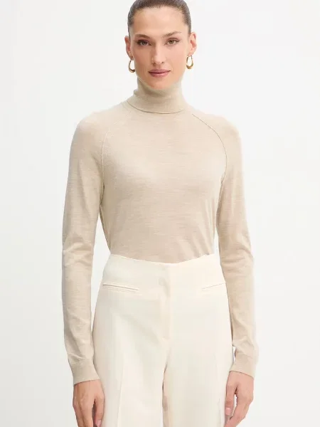 BOSS sweter wełniany lekki z golfem beżowy