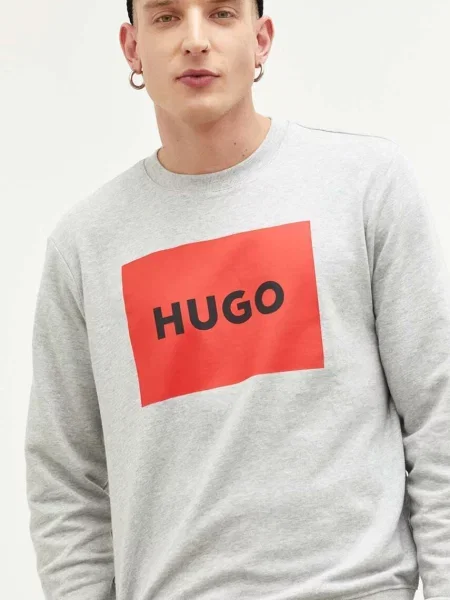 Bombažen pulover HUGO siva bež