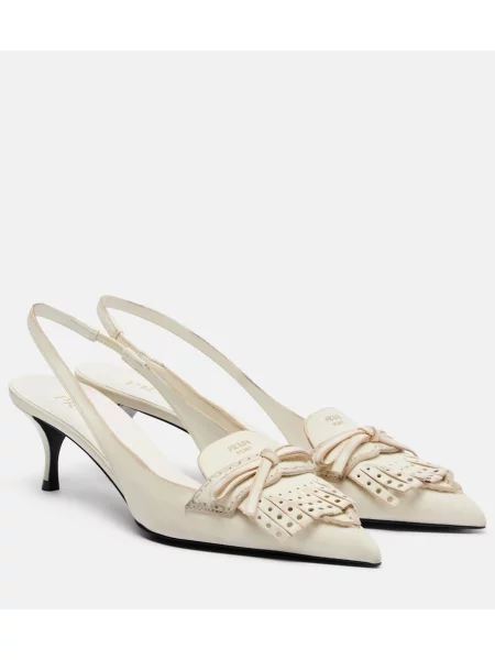 Kožené lodičky Prada s mašlí s otevřenou patou bílé