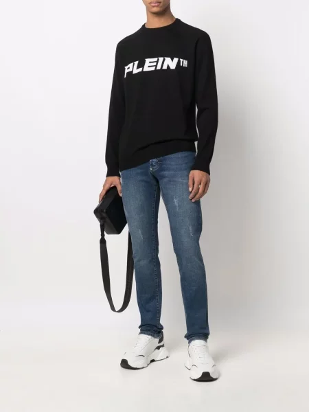 Raštuotas megztinis Philipp Plein apvaliu kaklu juoda