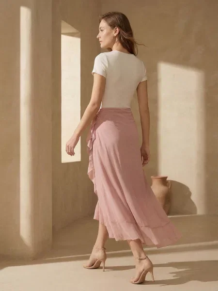 Асиметрична міді-спідниця з воланами рожевий