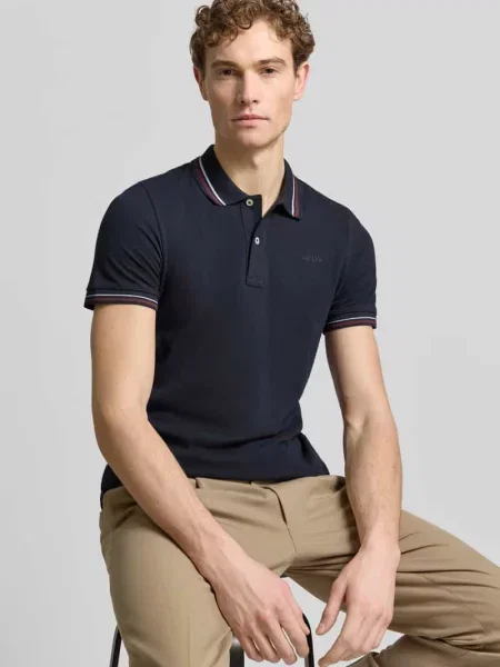 Koszulka polo o kroju slim fit z paskami w kontrastowym kolorze Geox granatowe