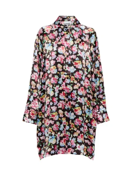 Cămașă Ganni din satin cu model floral negru