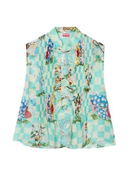 Top Kenzo cu șireturi în carouri din dantelă verde