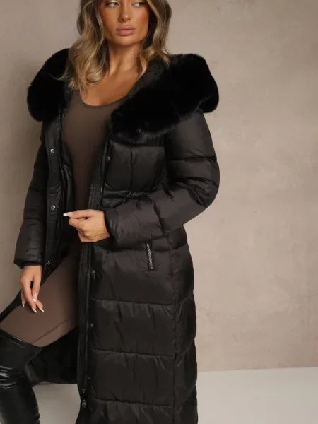 Puchowa Kurtka Pikowana o Długim Kroju z Kapturem z Futerkiem Bavea czarna