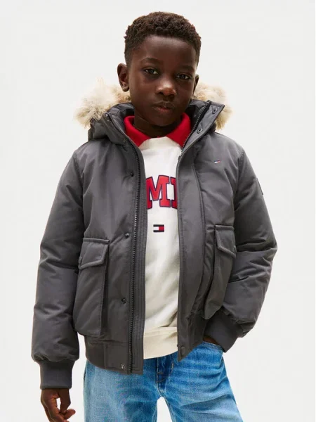 Tommy Hilfiger Kurtka zimowa Hooded Fake Fur Bomber szary
