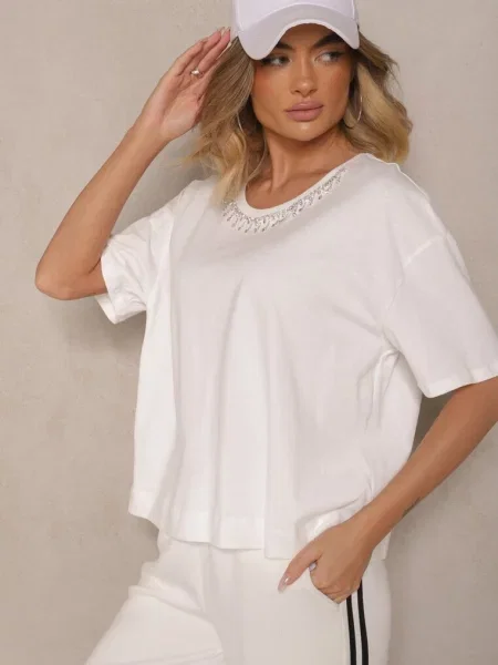 T-shirt z Bawełny z Cyrkoniami Fadeola biały