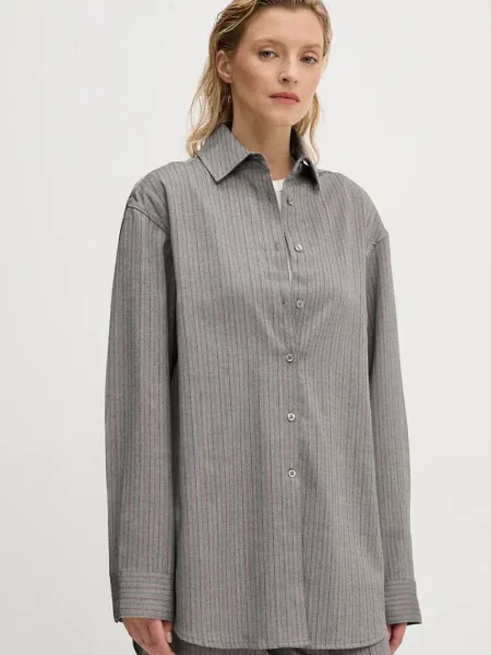 Košulja Remain Herringbone Overshirt za žene relaxed s klasičnim ovratnikom siva