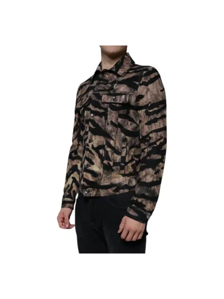 Kurtka puchowa Dolce And Gabbana w tygrysie prążki z kołnierzem brązowa