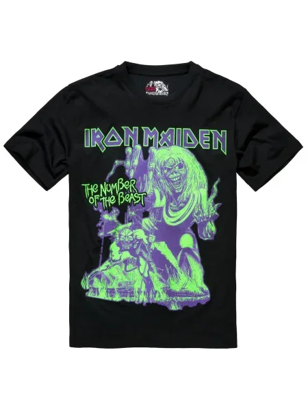 Brandit Tricou Iron Maiden verde limetă / mov deschis negru