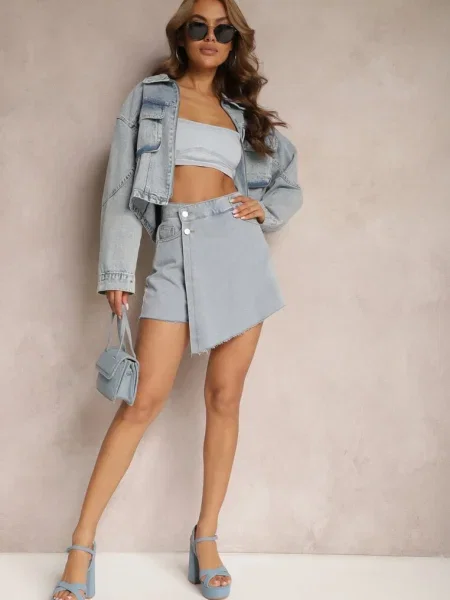 Blugi Scurți-Fustă Albaștri cu Pliuri Asimetrici Moongela albastru