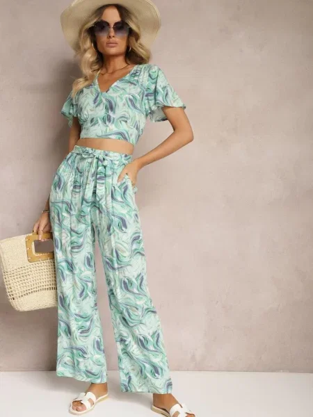Niebiesko-Zielony Komplet z Bawełny Krótki Top o Koszulowym Kroju Spodnie z Gumką i Wiązaniem Areadia niebieskie
