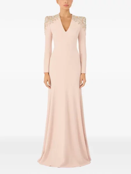 Κοστούμι μάξι φόρεμα Jenny Packham με λαιμόκοψη v περιδέραιο ροζ