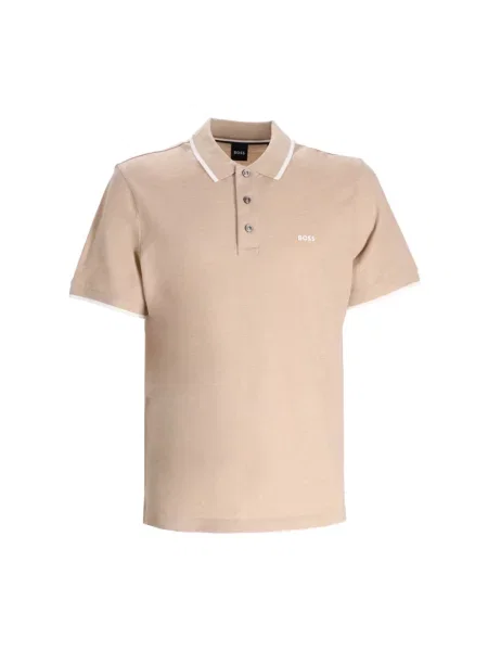 Koszulka polo Boss w paski z paskiem ze stójką beżowa