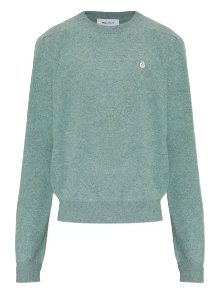 Vlněný svetr Alexander Mcqueen s kulatým výstřihem modrý