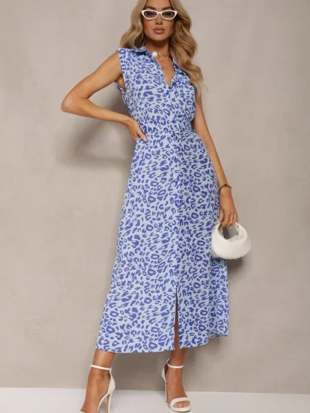 Sukienka Koszulowa z Materiałowym i w Zwierzęcy Wzór Wospia niebieska