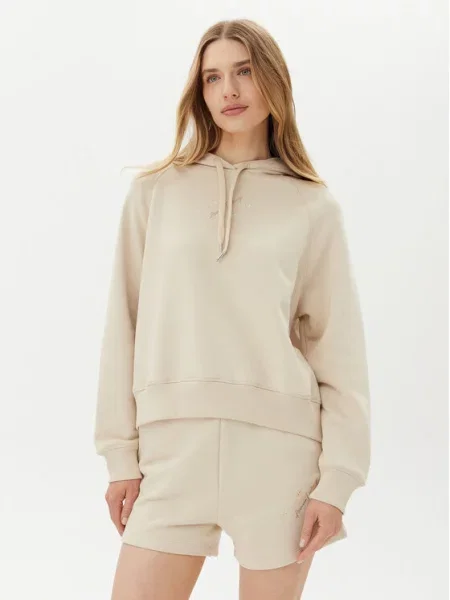 Armani Exchange bluza z kapturem z aplikacją beżowy