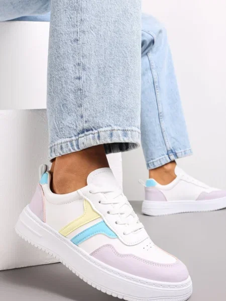 Sneakers Alb-Violet cu Talpă Plată și Cusături Colorate Niomie alb