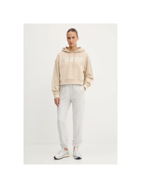 Bluza z kapturem Guess z kapturem z dżetami beżowa