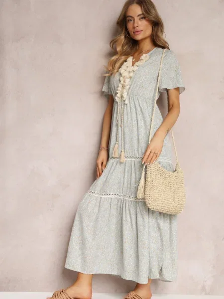 Rochie bleu deschis Boho cu ciucuri și decorațiuni ajurate Poniti albastru