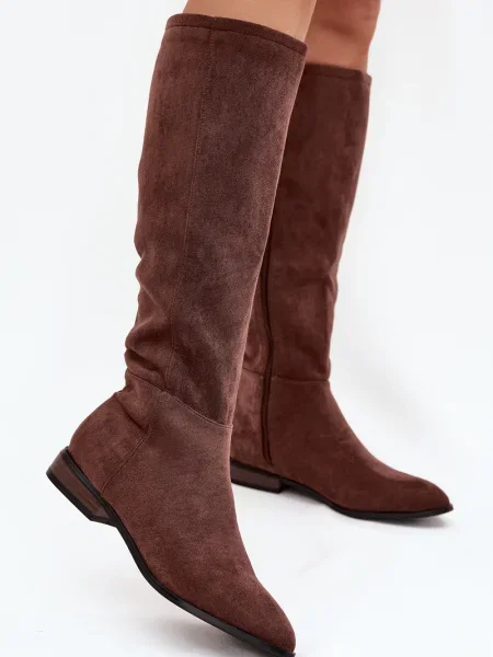 Semišové kozačky Boto na plochém podpatku hnědé