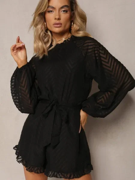 Elegant Salopetă cu Imprimeu în Relief Volane și Mâneci Bufante Dalisa negru