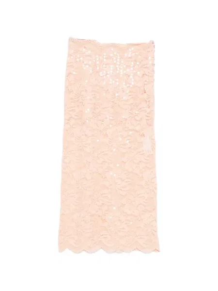 Fustă midi Rabanne cu paiete din dantelă până la genunchi portocaliu