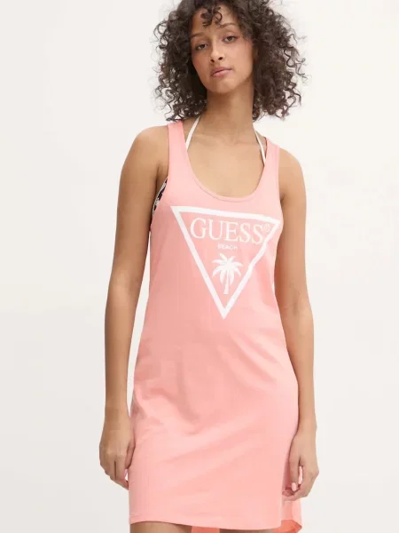 Рокля Guess къса със стандартна кройка оранжево