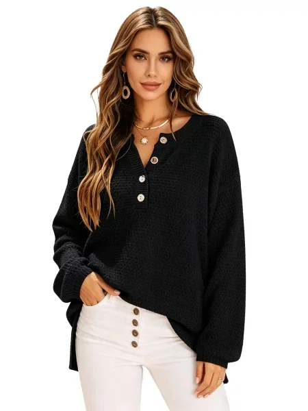 KoJooin Svetr Damen Halbgeöffnete Strickjacke mit Knöpfen – Lässiger lockerer Cardigan für gemütliche Looks' černá