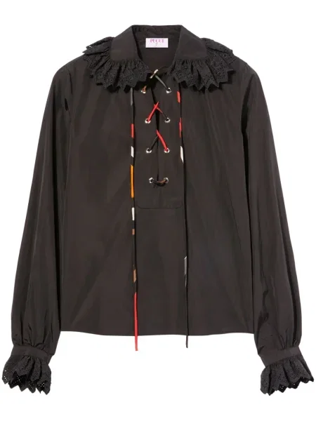 Bluză Pucci cu șireturi cu volane din dantelă negru