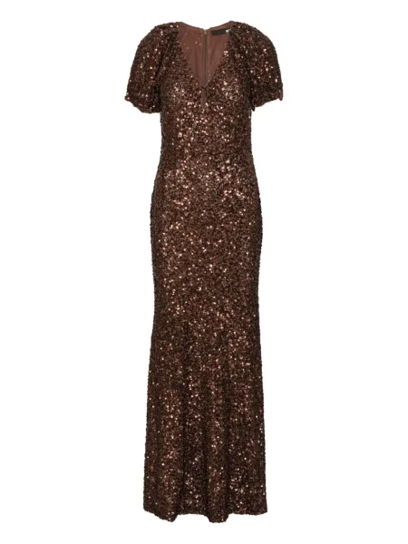 Rochie maxi Rotate Birger Christensen cu paiete cu decolteu în V de costum maro