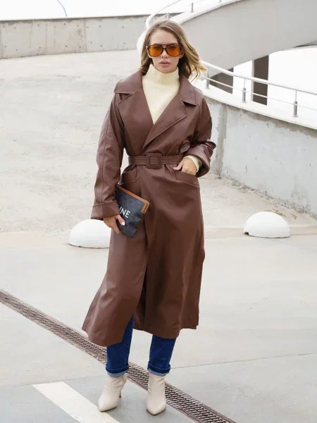 Тренч ISSA Plus штучна шкіра коричневий