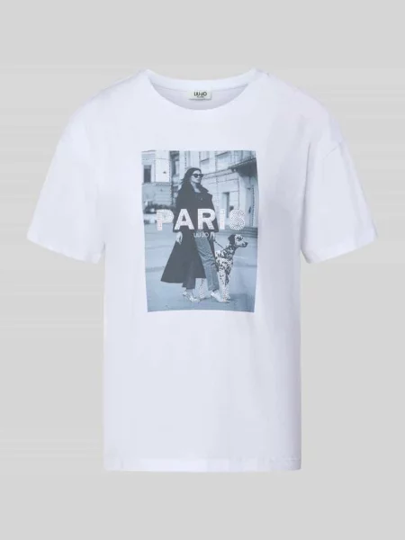 T-shirt z nadrukiem z motywem i obszycie z kamieni stras Liu Jo White biała
