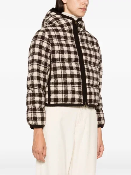 Geacă Moncler în carouri cu glugă maro